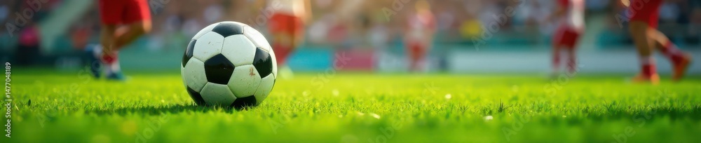 Fototapeta premium Blurred soccer field, in-focus ball in foreground, sport, ball