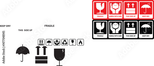 set of fragile package icons set, cargo icon vactor, Containing handle with care, side up, keep dry, step on, throw garbage background
