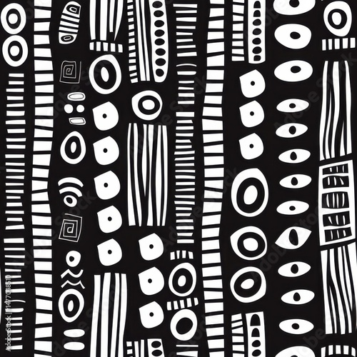 seamless pattern of bold African tribal stripes, dots, and geometric shapes in monochrome modern graphic style