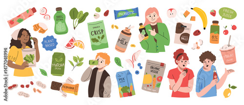 Hand drawn Healthy food and product element vector. Vegans people eat and holding plant-based food, protein bar, snack, organic food, fruit, vegetable. Design for packaging, vegan product, health.