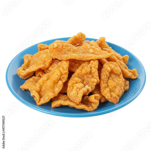 Crispy fried snacks piled on a blue plate, with a vibrant kitchen background