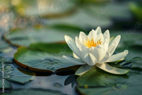 Wallpaper Mural Beautiful white water lily blooming serenely amidst green lily pads in a calm pond Torontodigital.ca
