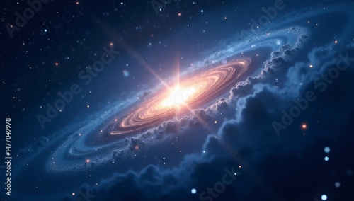 A stunning spiral galaxy with a bright core surrounded by glowing stars and cosmic clouds. The vibrant colors and starburst effect capture the beauty of deep space