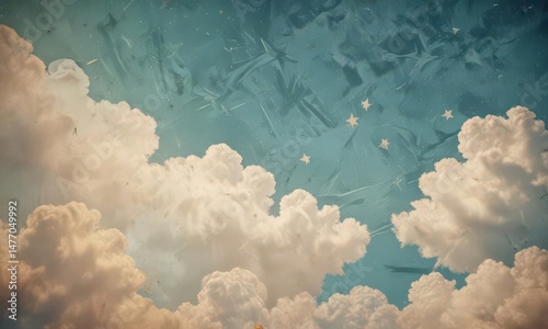 Distressed paper, retro sky, geometric cloud & star pattern, blue, stars,  celestial