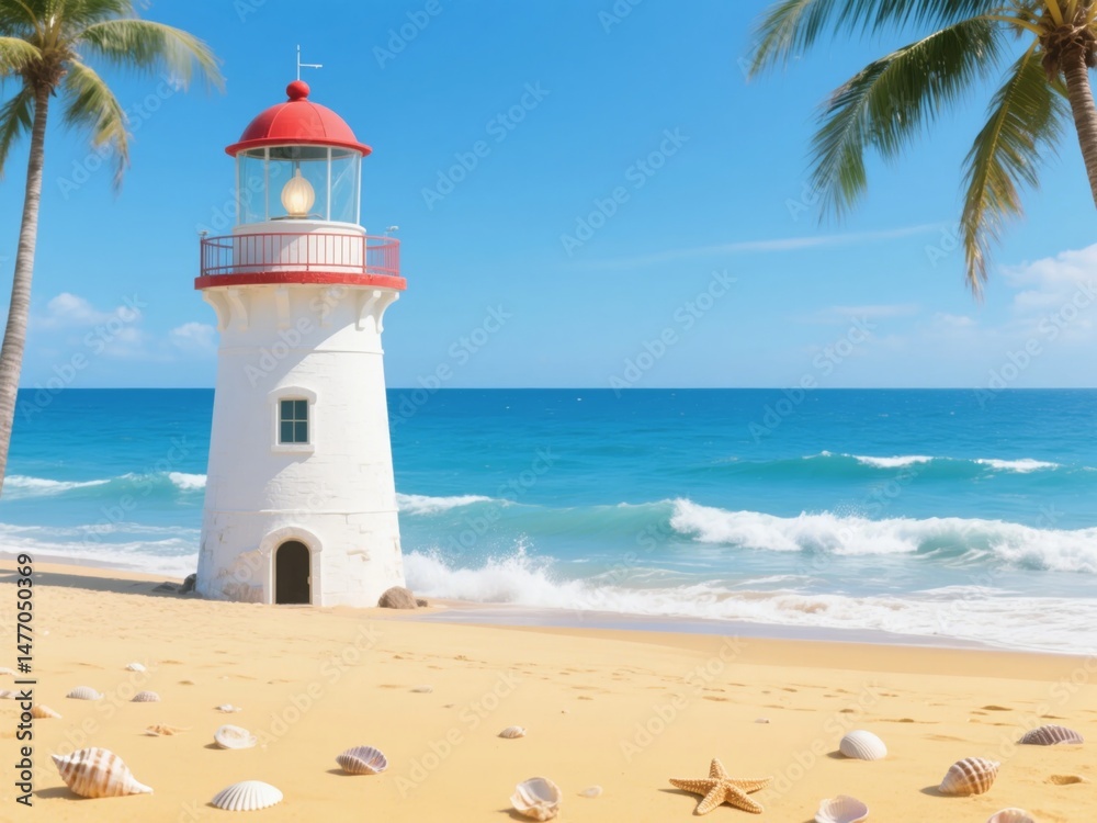 Lighthouse on a Tropical Beach with Palm Trees and Seashells Lighthouse on a Tropical Beach with Palm Trees and Seashells