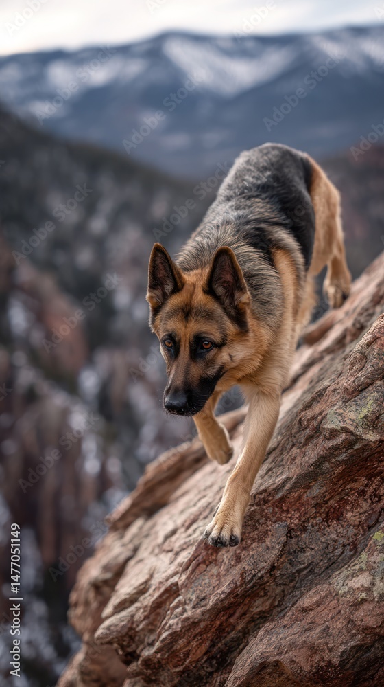 Naklejka premium German Shepherd Dog Walking on Rocky Terrain in Mountain Landscape