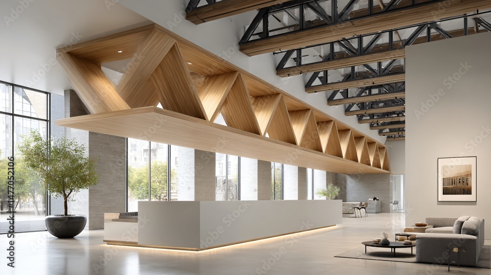 Fototapeta premium Experimental research lab with floating volume modules hung from overhead steel trusses, emphasizing tension rod networks and reinforced base plates for vibration control and advanced load distributio