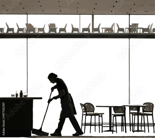 Person Sweeping Cafe Floor Silhouette