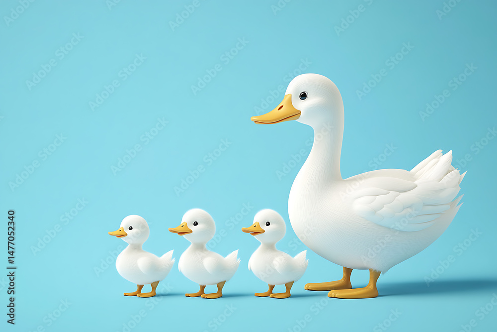 Fototapeta premium Playful cartoon scene featuring a mother duck and three ducklings on a vibrant blue background