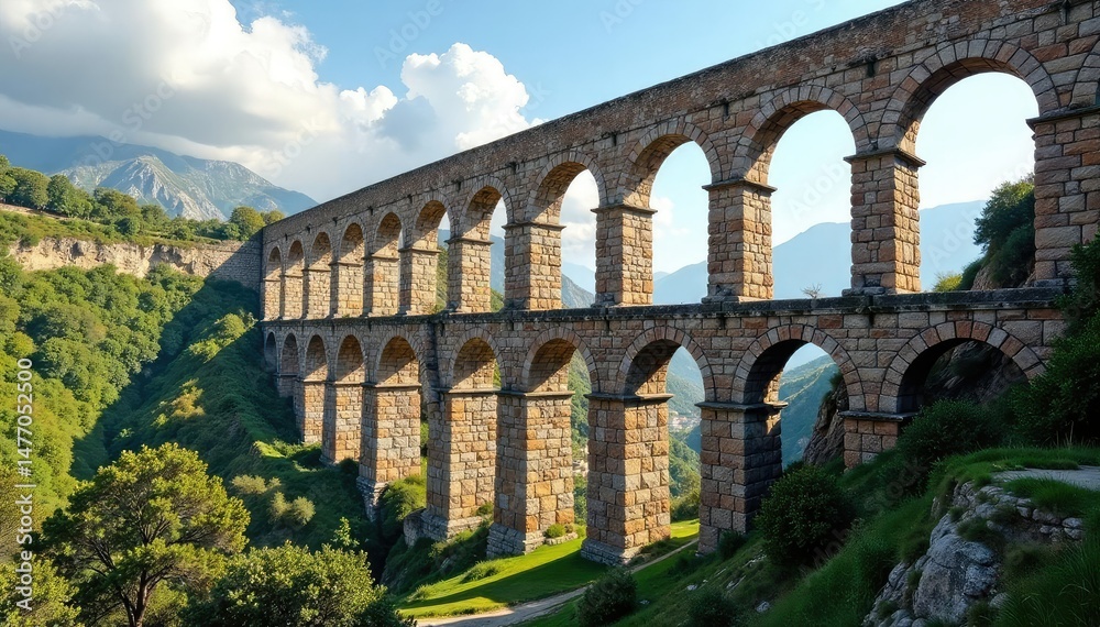 Obraz premium Ancient Roman aqueduct, weathered stone, historical structure, impressive arches spanning valley , travel, timeless