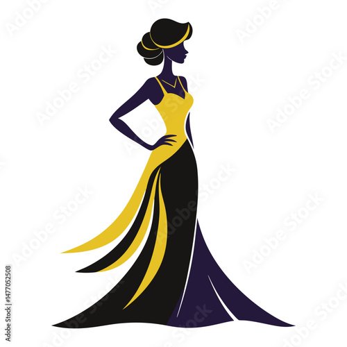 Elegant Woman in Gold and Black Evening Gown Silhouette