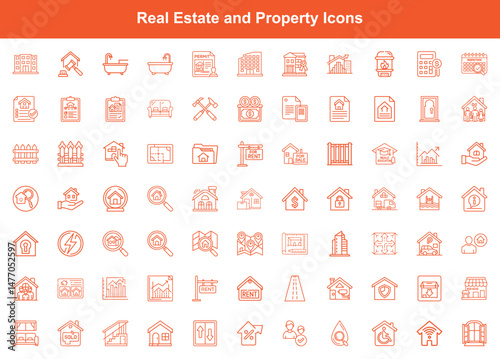 Set of Real Estate Outline Icons Property, Buildings, Houses, Mortgage, and Sales Concepts