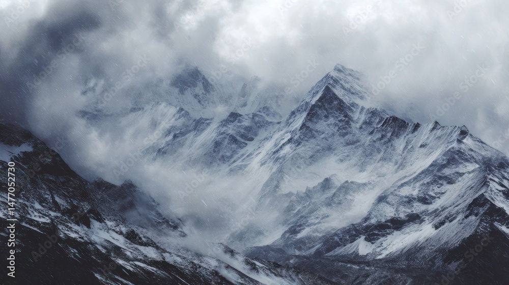Obraz premium Majestic Snow-Capped Mountains Surrounded by Dramatic Clouds