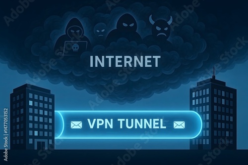 Cybersecurity concept depicting vpn tunnel protecting data from internet threats with hackers and cyber attacks safeguarding business technology