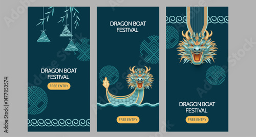 Set of Abstract Dragon Boat Festival Banners. Dragon boat, zongzi and decorative elements in Chinese graphic style
