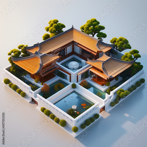  Elegant Japandi Villa with Water Garden in Isometric 3D Render