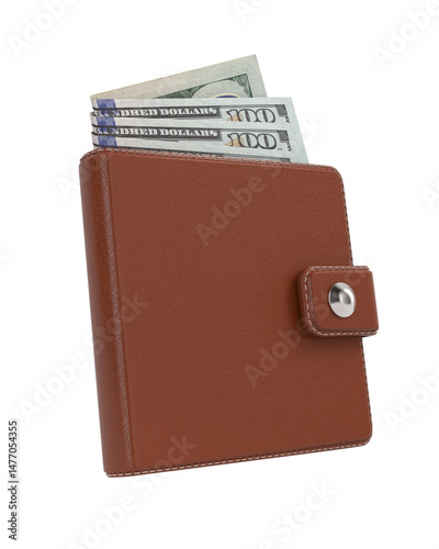 Leather brown wallet with money on white background. Isolated 3D illustration