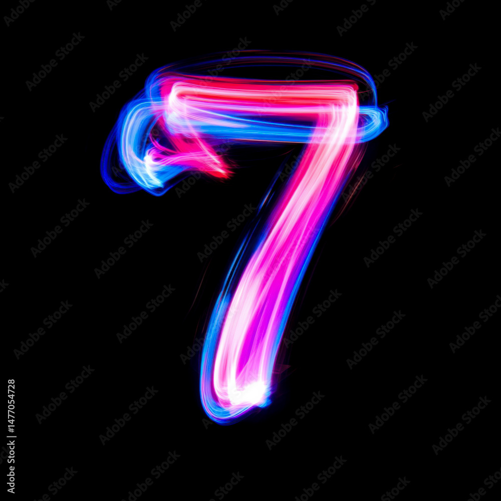 Fototapeta premium Neon Light Painting Number 7 Overlay - Vibrant Glowing Text Effect for Urban Designs. Perfect for Nightlife, Entertainment and Modern Branding Projects.