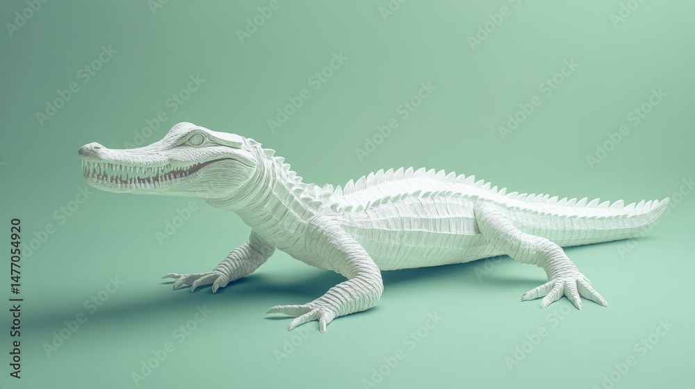 Fototapeta premium White crocodile model on a light green background.
