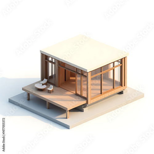 3D render of a modern house interior with wooden furniture and architectural design