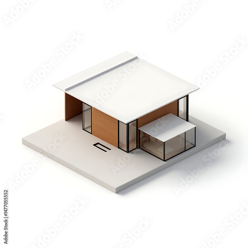 A 3D render showcases a white house model, an architectural illustration of a residential building