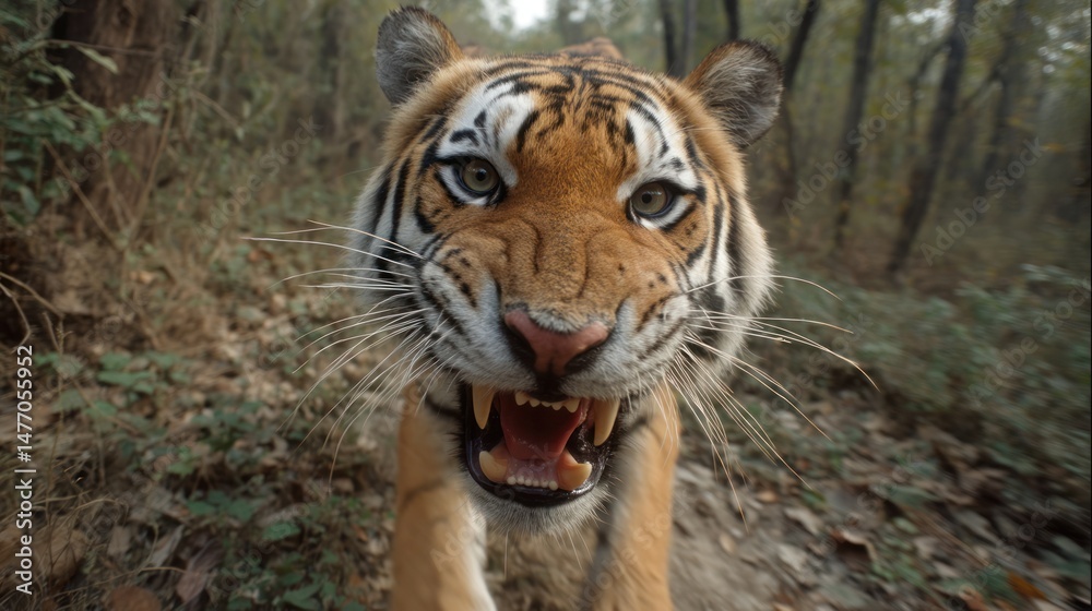 Naklejka premium Majestic Tiger Roaring in Wilderness with Intense Expression and Gaze