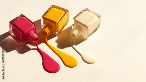 Spilling trendy pink, yellow, and beige nail polish from overturned bottles on a white background, creating a lively and artistic composition that embodies vibrant beauty and style
