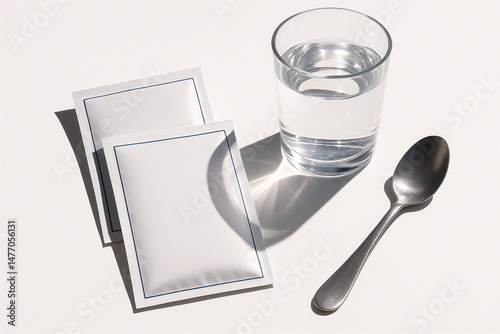 Two blank white sachets lie on a white surface next to a glass of water and a metal spoon, suggesting the preparation of instant food or medicine. Rehydration salt