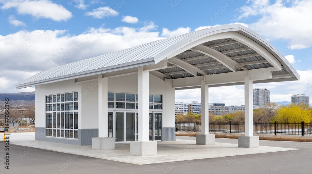 Fototapeta premium Ultra-modern airport hangar with long-span steel trusses and fiberglass roof panels, highlighted by exposed tension rods and reinforced column bases for high wind and snow load performance
