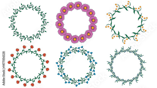 Wallpaper Mural Flower doodle circle frame set. Spring floral circular frame. Hand drawn botanical isolated vector illustration. Torontodigital.ca