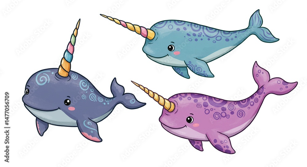 Fototapeta premium Cute Narwhal Unicorn Cartoon Illustration Set
