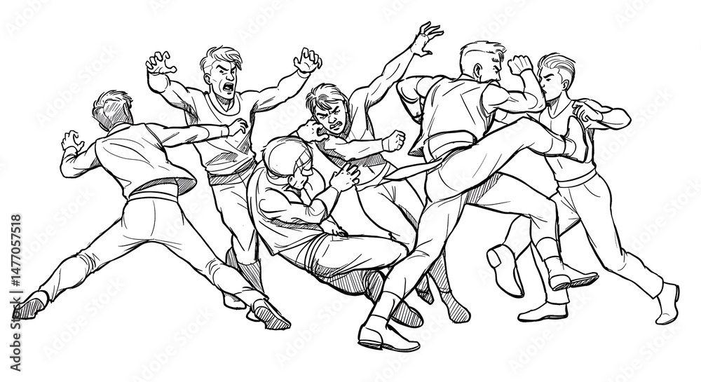Fototapeta premium Sketch of People Fighting in a Brawl