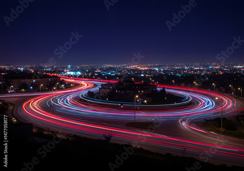 Nighttime city traffic with streaks of light showing car movement patterns