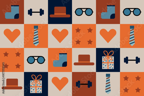 A vibrant geometric Father’s Day pattern featuring men’s accessories and symbols: ties, glasses, hats, socks, gifts, dumbbells, and hearts. Perfect for festive designs, gift wrapping, greeting cards.