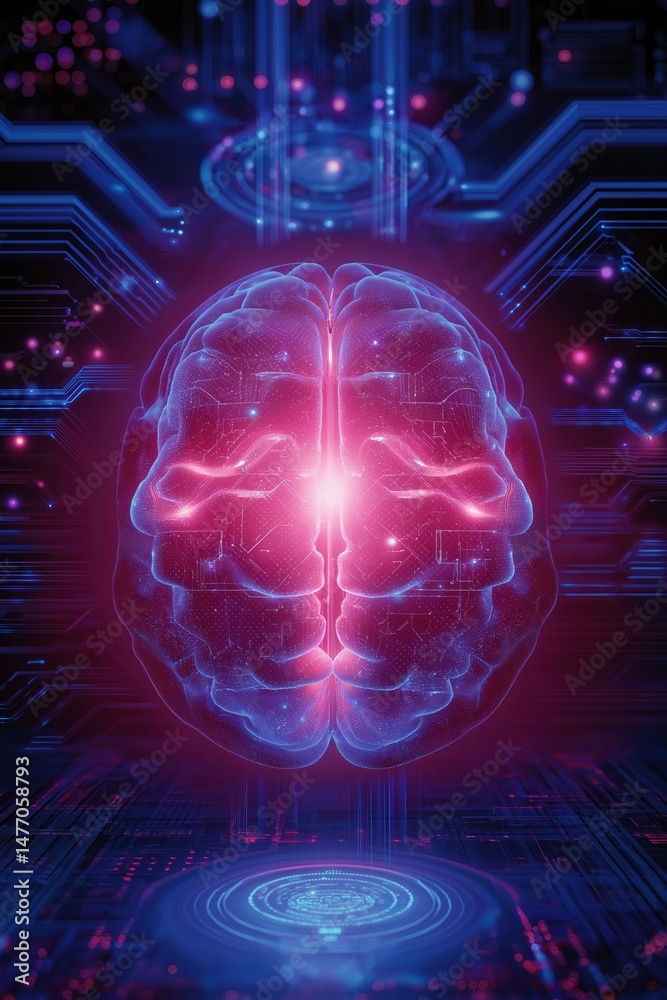 Fototapeta premium Futuristic digital brain in neon blue and pink cybernetic environment