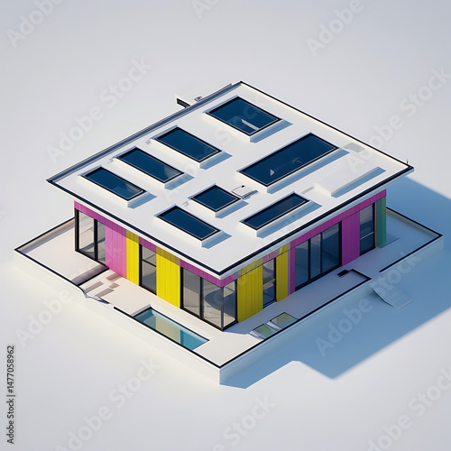 A 3D isometric illustration showcases a residential house design, a compact home model ideal for city housing projects