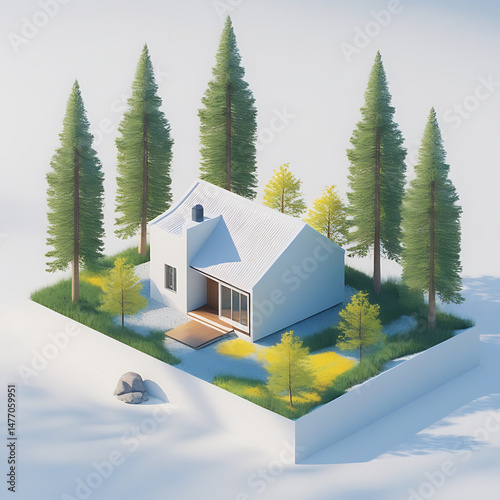 Isometric Winter Japandi Cabin in Forest with Minimalist Aesthetic