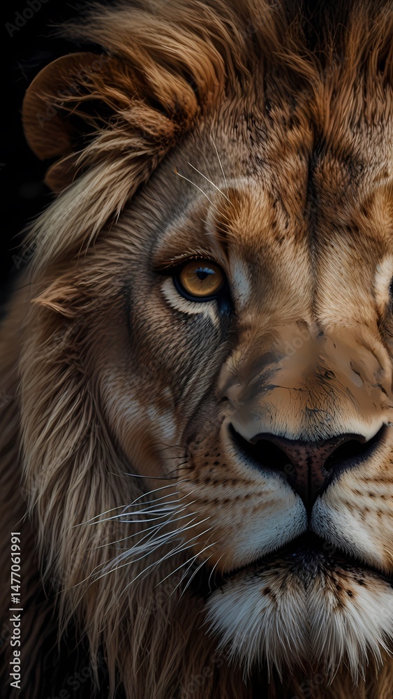 Naklejka premium A majestic lion, the wild king and a powerful feline, displays his impressive mane in a close-up portrait capturing his strong face