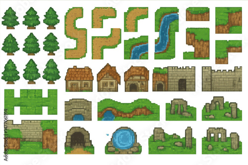 Detailed Game Asset Collection for 2D Environments and Landscapes