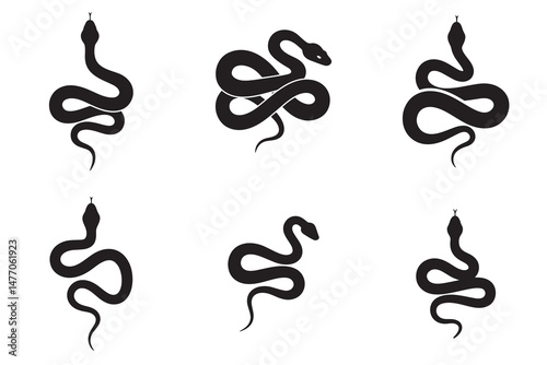 Set of Minimal bold black silhouette vector icon of a snake isolated on white background
