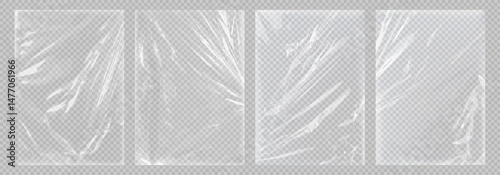 Realistic stretched plastic warp, polyethylene background or transparent cellophane mockup. Torn food plastic film wrap overlay texture. Crumpled and wrinkled paper bag for product packaging business.
