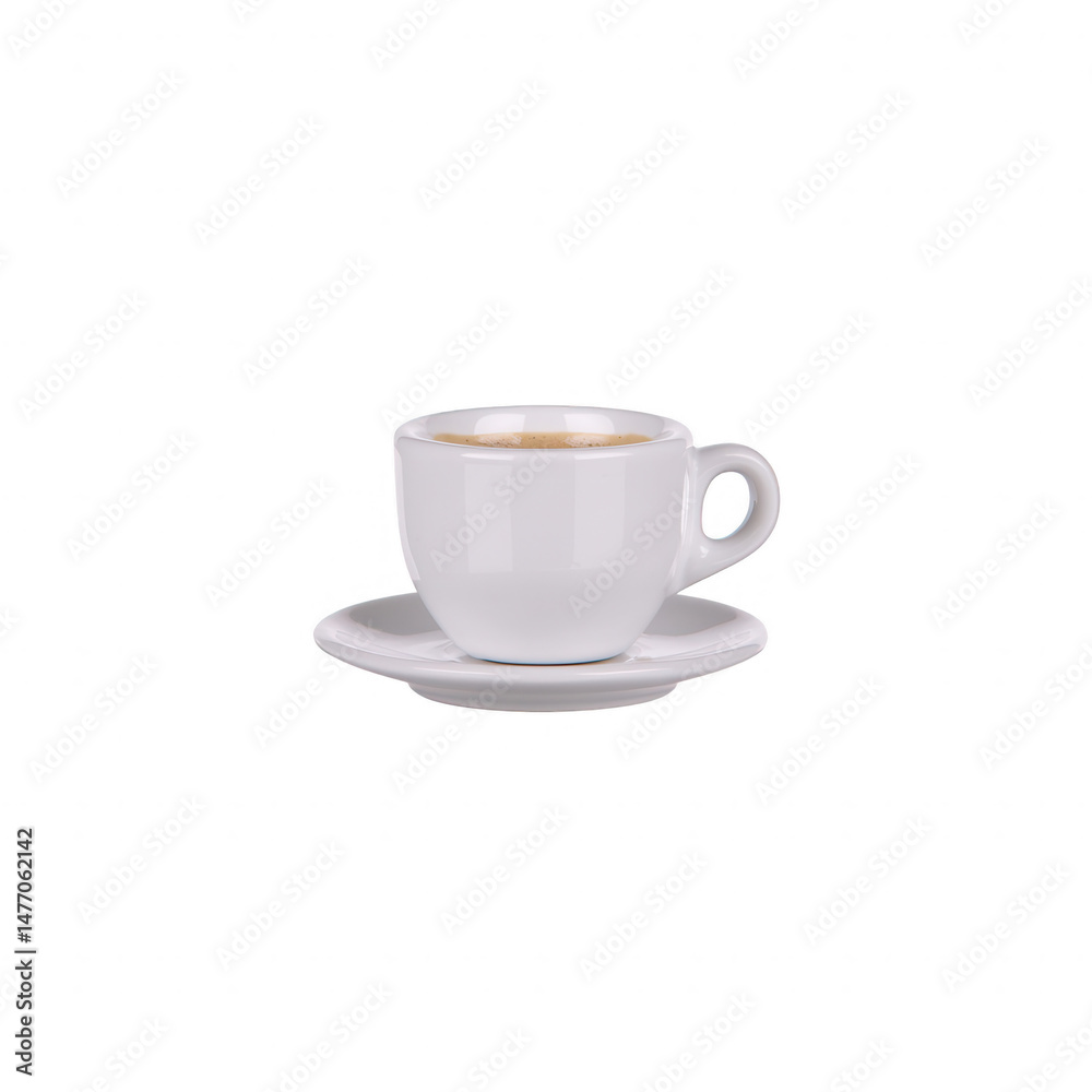 Obraz premium Elegant white coffee cup with a gold rim on a matching saucer, isolated on a clean background. Perfect for showcasing beverage presentations or cafe-themed designs.