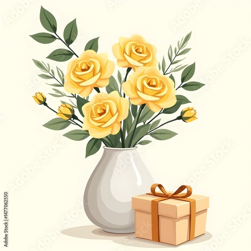 Sun-kissed Beauty: Yellow Roses in Porcelain Vase Summer Greeting Card