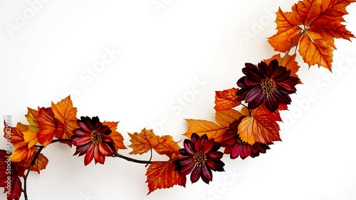 Autumnal vine with leaves and flowers on white background