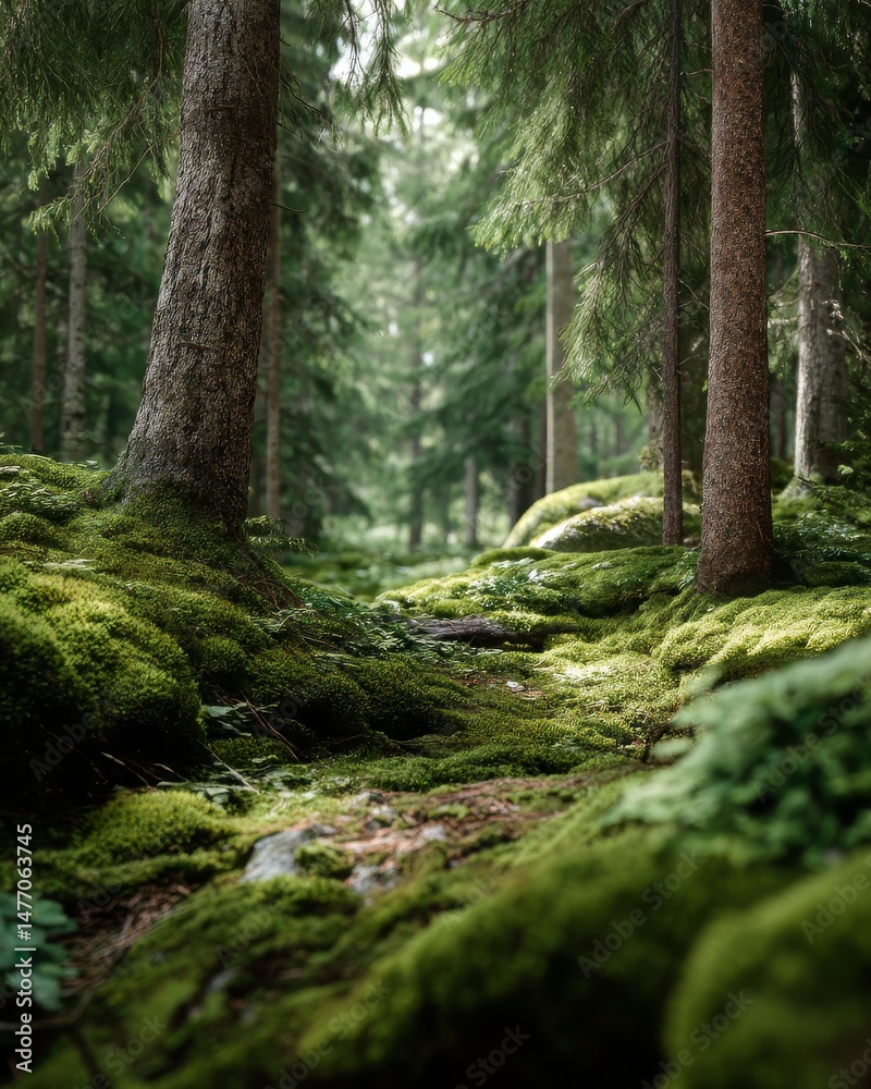 Fototapeta premium Exploring the Beauty of Boreal Forests: Mossy Trees and Rich Ecosystems for Future Generations
