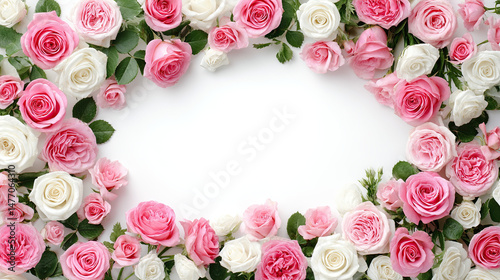 Pink and white roses arranged in a floral frame with green leaves on white background and copy space center