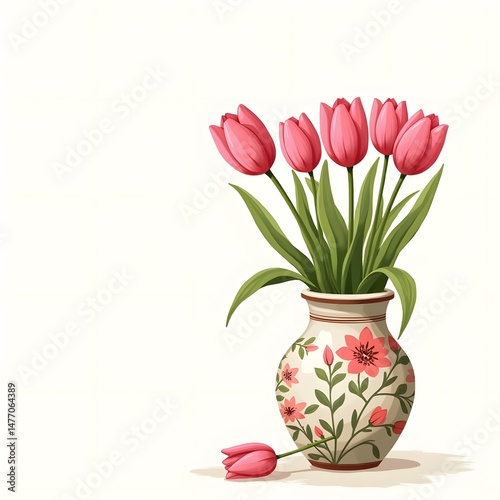 Wallpaper Mural Summer Serenity: Pink Tulips in Hand-Painted Clay Vase Greeting Card Torontodigital.ca