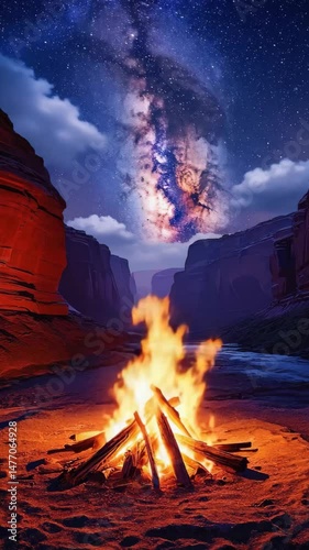 night campfire under glowing sky in looped fire light scene with starry sky and peaceful wilderness setting