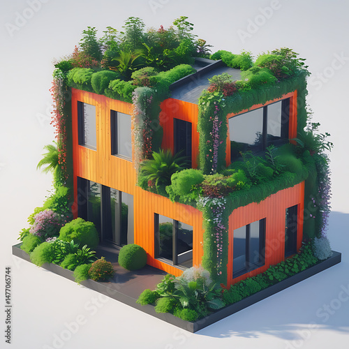Eco-Friendly Haven: A modern, eco-friendly house, completely enveloped in lush, green vegetation, demonstrating sustainable living and harmony with nature.