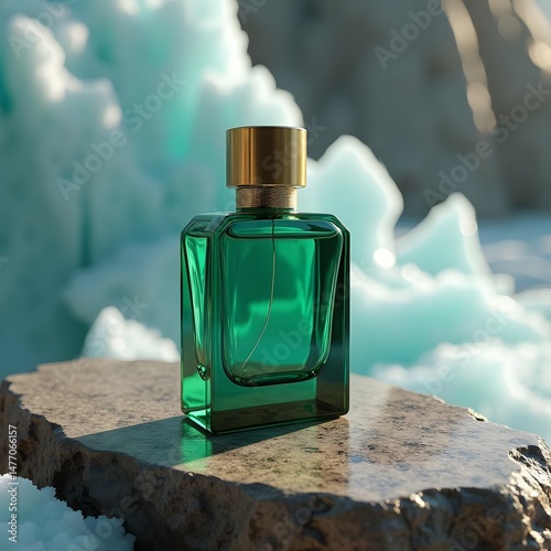 Captivating Elegance: Emerald Aroma Bottle on Polished Granite in Icy Glacier Glow